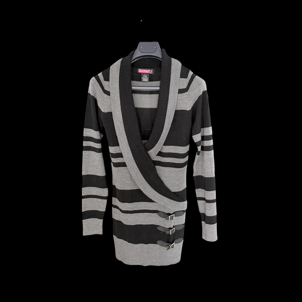 Say What?‎ Y2K Striped Wrap Shawl Collar Tunic Sweater Buckle Detail Grey Black